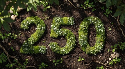 Top view of the number 250 made of fresh green moss and small white flowers on dark soil. Eco-friendly concept for a sustainable future and nature anniversary celebration.