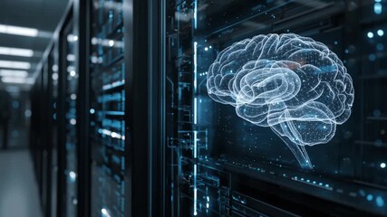 Human brain symbolizing artificial intelligence. Rack servers in data center. Artificial intelligence powered computers, Artificial intelligence brain machine interface, Server Rack, Modern Datacenter - Powered by Adobe