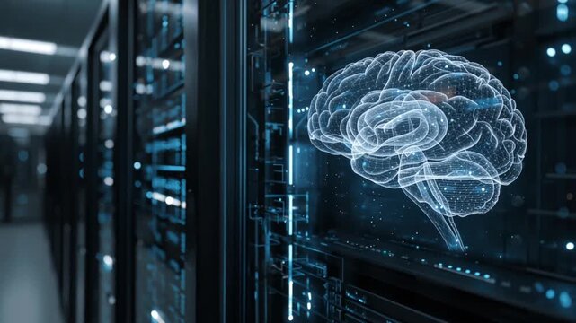 Human brain symbolizing artificial intelligence. Rack servers in data center. Artificial intelligence powered computers, Artificial intelligence brain machine interface, Server Rack, Modern Datacenter