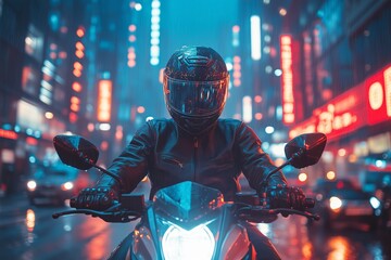 Under the glow of neon signs, a motorcycle passenger firmly holds a phone while the vehicle maneuvers through a bustling city illuminated by rain-soaked streets at night
