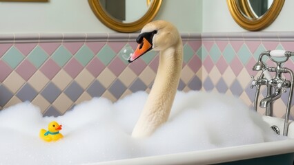 Swan in bubble bath with rubber duck, white bird in bathtub, bathroom fun