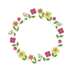 Abstract flowers. Round frame, banner.   Spring. Drawing, doodle. Isolated on white background. For a colorful greeting card or invitation. Set of multicolored flowers.