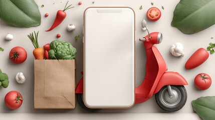 mockup of smartphone with grocery bag and red delivery scooter, surrounded by fresh vegetables, symbolizes food delivery app, online grocery shopping, a healthy lifestyle, and modern urban services.