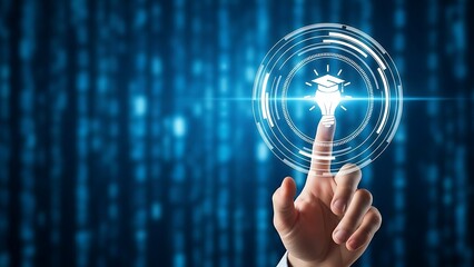 Finger touching glowing education icon inside digital matrix background
