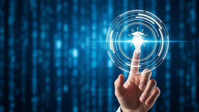 Finger touching glowing education icon inside digital matrix background