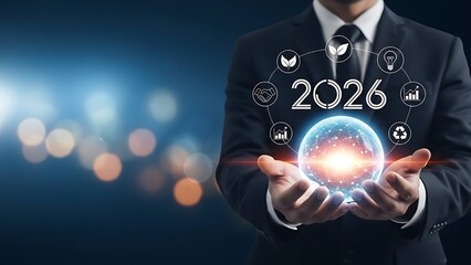 Businessman holding glowing globe with 2026 hologram and icons