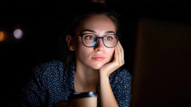Person sits at computer looking focused while holding a cup in a dimly lit room