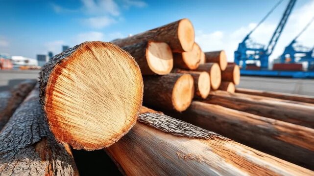 Wood logs stacked at a port during the day ready for transport to other locations