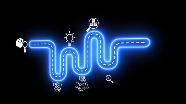New product development and project roadmap idea on the transparent background. New product development roadmap icons, ideation, development and launching process. Motion graphics of product launching