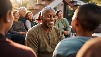 Senior man with gray beard laughing heartily while sitting with family and friends at outdoor gathering in sunlight