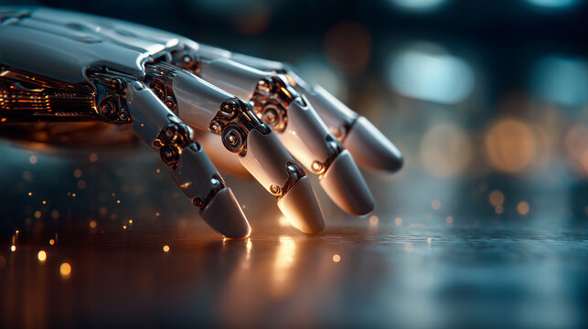 Cinematic Macro Shot of Sleek Humanoid Robot Hand on Brushed Aluminum with Dramatic Side Lighting, Rim Light, and Floating Data Motes.