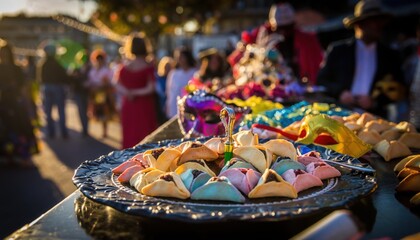 Traditional colorful hamantaschen cookies served on black platter at Purim festival with masks and people blurred in background sun