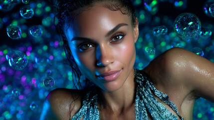 Female Model in Morphing Smart Fabric Dress with Floating Holographic Data Orbs, Chromatic Aberration Studio Lighting, Sci-Fi Editorial.