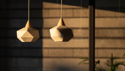 Two modern geometric pendant lamps hanging in room with warm afternoon sunlight casting long shadows against textured brick wall background