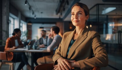 Confident business woman sitting in modern open office space with colleagues having meeting in blurred background