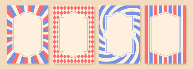 Set of retro circus frame templates with striped and geometric backgrounds for posters and banners. Vector illustration