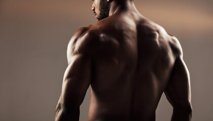 Muscular back and shoulders of man showing athletic definition and skin texture against neutral background