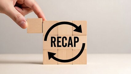 Recap text on wooden cubes with circular arrow symbols held by person against a wall
