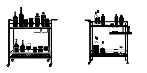 Obraz premium A modern bar cart with two tiers, minimalist wheels, and a few glass bottle shapes.