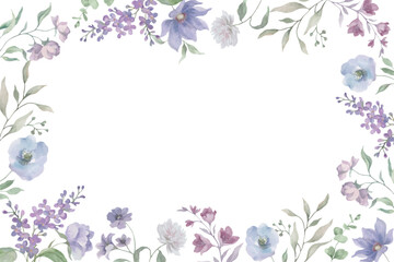 Delicate watercolor floral frame in soft pastel colors with botanical elements and empty copy space. hand drawn illustration.  Vector EPS.