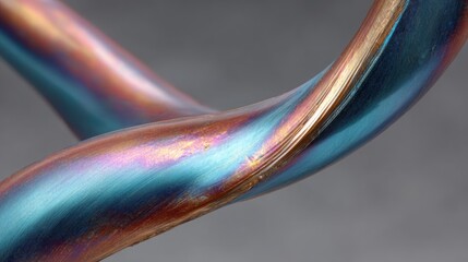 Abstract close-up of twisted metallic strands showcasing vibrant hues of blue, gold, and copper, reflecting light in a dynamic interplay of color and texture, creating a visually striking composition