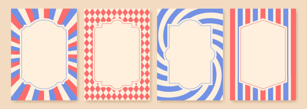 Set of retro circus frame templates with striped and geometric backgrounds for posters and banners. Vector illustration