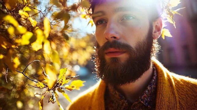 Man with beard in autumn leaves