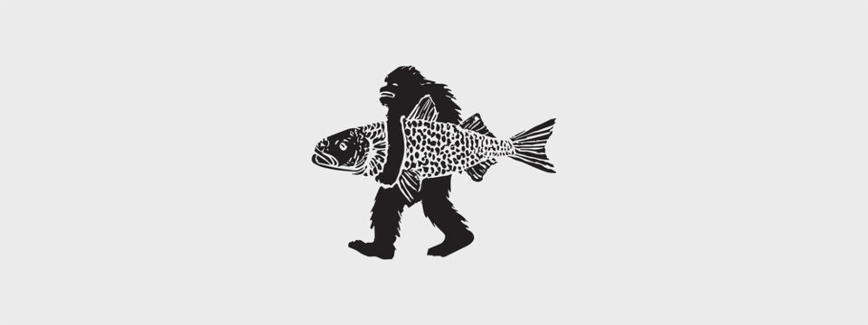 Funny Sasquatch Carrying Giant Fish &ndash; Vector T Shirt Design for Outdoors and Humor Lovers