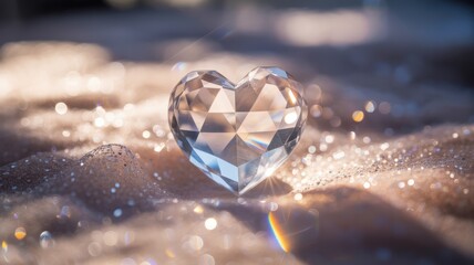 Clear faceted crystal heart shape on sparkling glitter fabric with bokeh lights