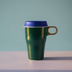 Shiny green travel mug with gold handle and blue lid on table