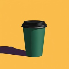 Green disposable coffee cup with black lid on yellow background