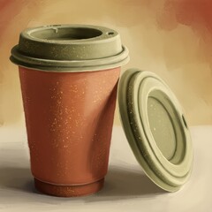 Disposable coffee cup with lid on beige background