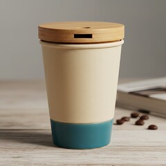 Reusable ceramic coffee cup with bamboo lid on wooden table