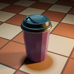 Vibrant purple coffee cup on stylish brown and beige tiled floor