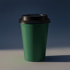Green disposable coffee cup with black lid on gray surface