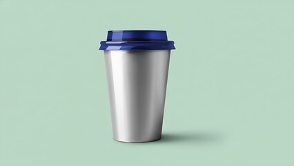 Modern silver travel mug with blue lid on green background