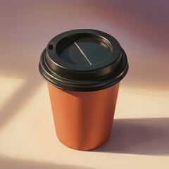 Brown disposable coffee cup with black lid on table