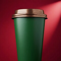 Green reusable coffee cup with gold lid on red background