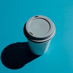 Modern reusable coffee cup with gray lid on blue background