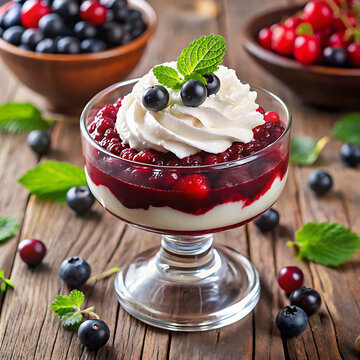 Delicious fruit mousse cup with blackcurrants and red sauce.