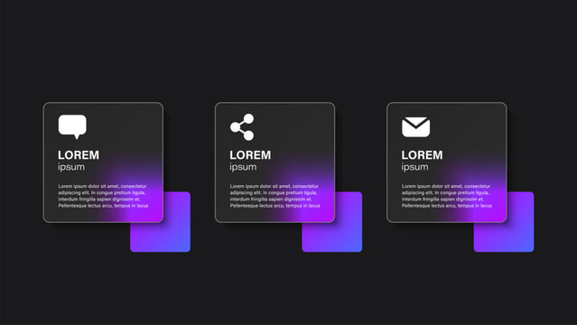 Dark glass vector modern infographics template for data visualization. Vector layout consisting of three square blocks for data entry.