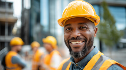 Smiling Black construction worker display, wearing safety equipment site professional confidence, visualization diversity representation, workplace positivity concept, with copy space