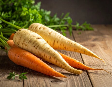 Carottes et panais d&eacute;pos&eacute;s sur une table en bois rustique. Generated Image. 