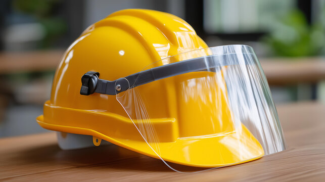 Yellow construction hard hat display, face shield isolated safety equipment, construction industrial work PNG, protective headwear visualization, workplace concept, with copy space