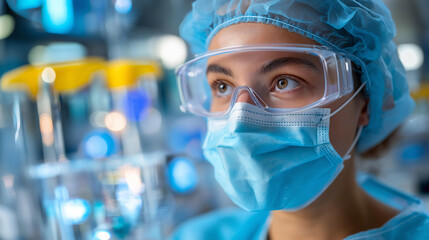 Healthcare worker full protective gear, mask goggles gown operates medical equipment, sterile hospital environment clinical, safety visualization, medical protection concept, with copy space