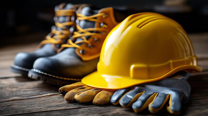 Essential safety gear hard hat, work boots leather gloves construction industrial workers, PPE visualization, workplace protection concept, with copy space