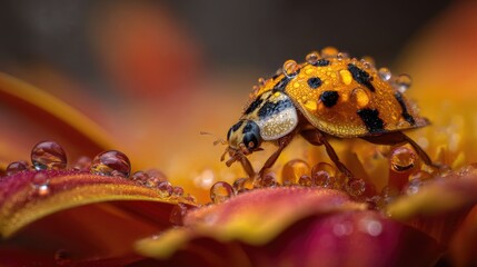 Close-Up View of a Bright Orange Beetle on a Petal with Raindrops, Capturing Intricate Details and Vibrant Colors in Nature's Beauty