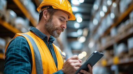 Workers safety gear checking inventory, warehouse logistics visualization display, industrial stock management concept, facility organization representation, with copy space
