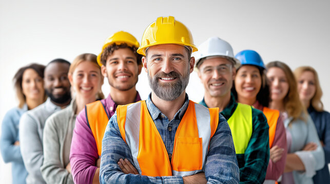 PNG diverse group construction professionals, element set transparent background, industrial workforce visualization, worker variety display, professional PPE concept, with copy space