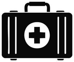 Obraz premium Black First Aid Kit with White Cross Symbol Icon Emergency Care Portable Case
